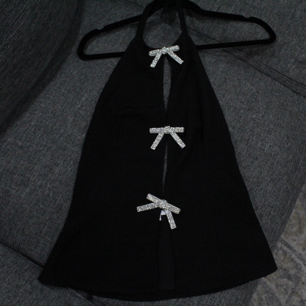 Black Halter Top with Silver Bow Accents